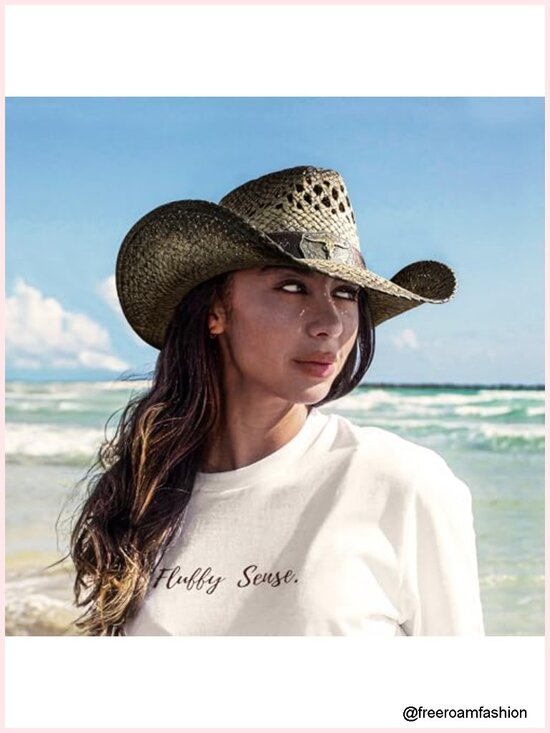 Straw Cowgirl Hat with Shapeable Brim, Wide Brim Western Sun Hat for Women